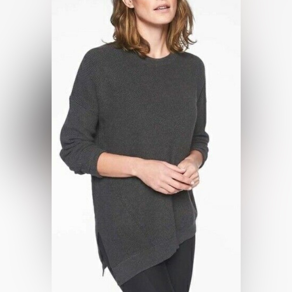 ATHLETA Silk Pima Cotton Assymetrical Sweater Crew Long Sleeve Ribbed Gray Small